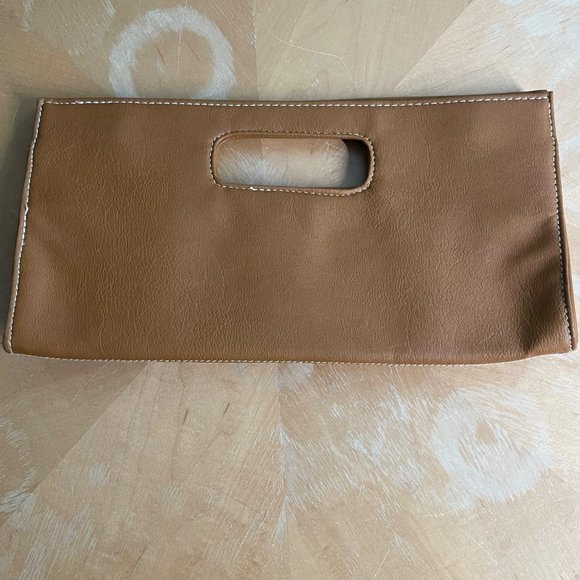 Tan Faux Leather Cream/White Lace Doilies Clutch Handbag Zipper 2 Button Close - Picture 2 of 6